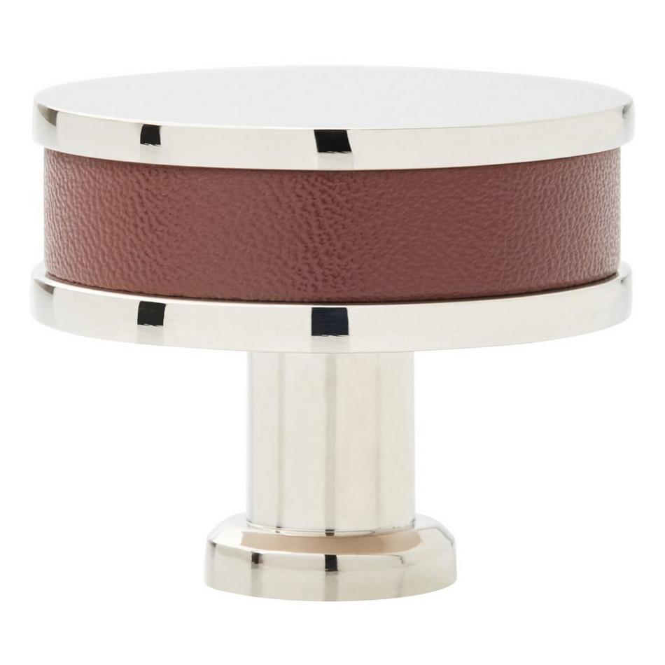 1-1/2" Lazzara Round Cabinet Knob Brown Leather - Polished Nickel, , large image number 2