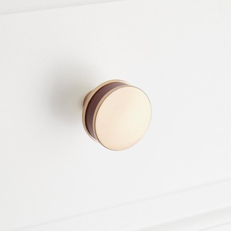 Lazzara Round Cabinet Knob Brown Leather - Champagne Bronze
