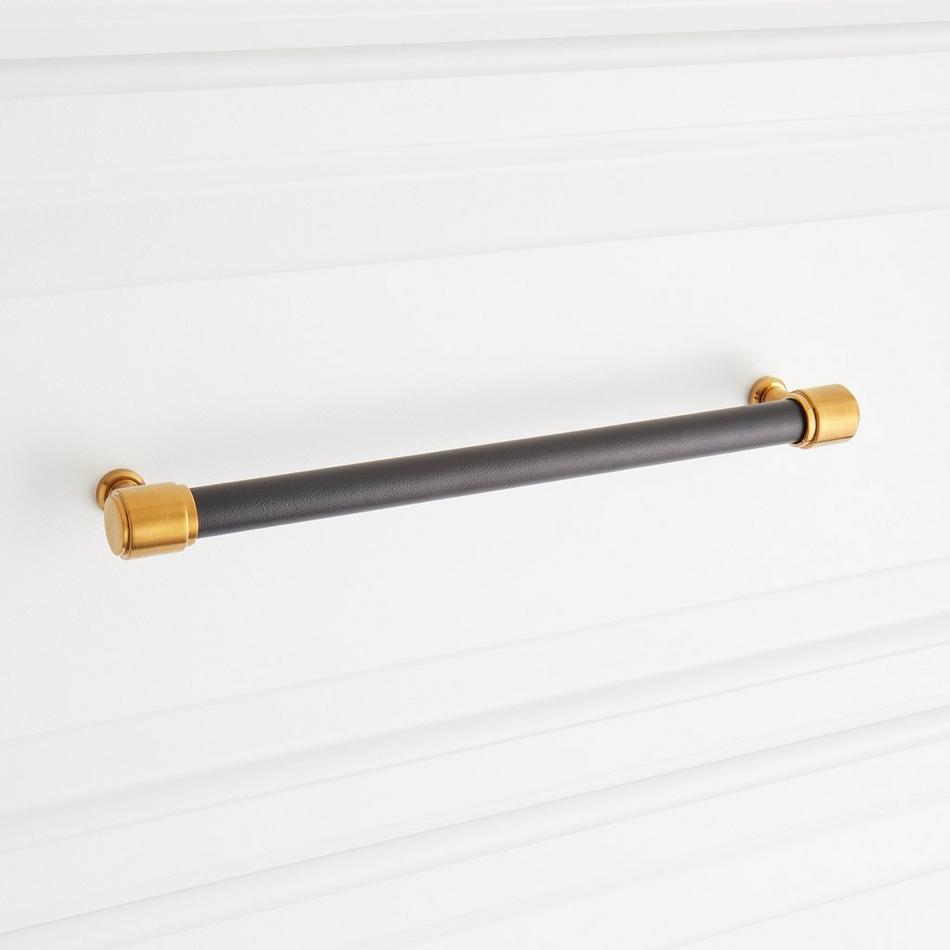 8-13/16" Lazzara Oversized Cabinet Pull Black Leather - Brushed Gold, , large image number 3