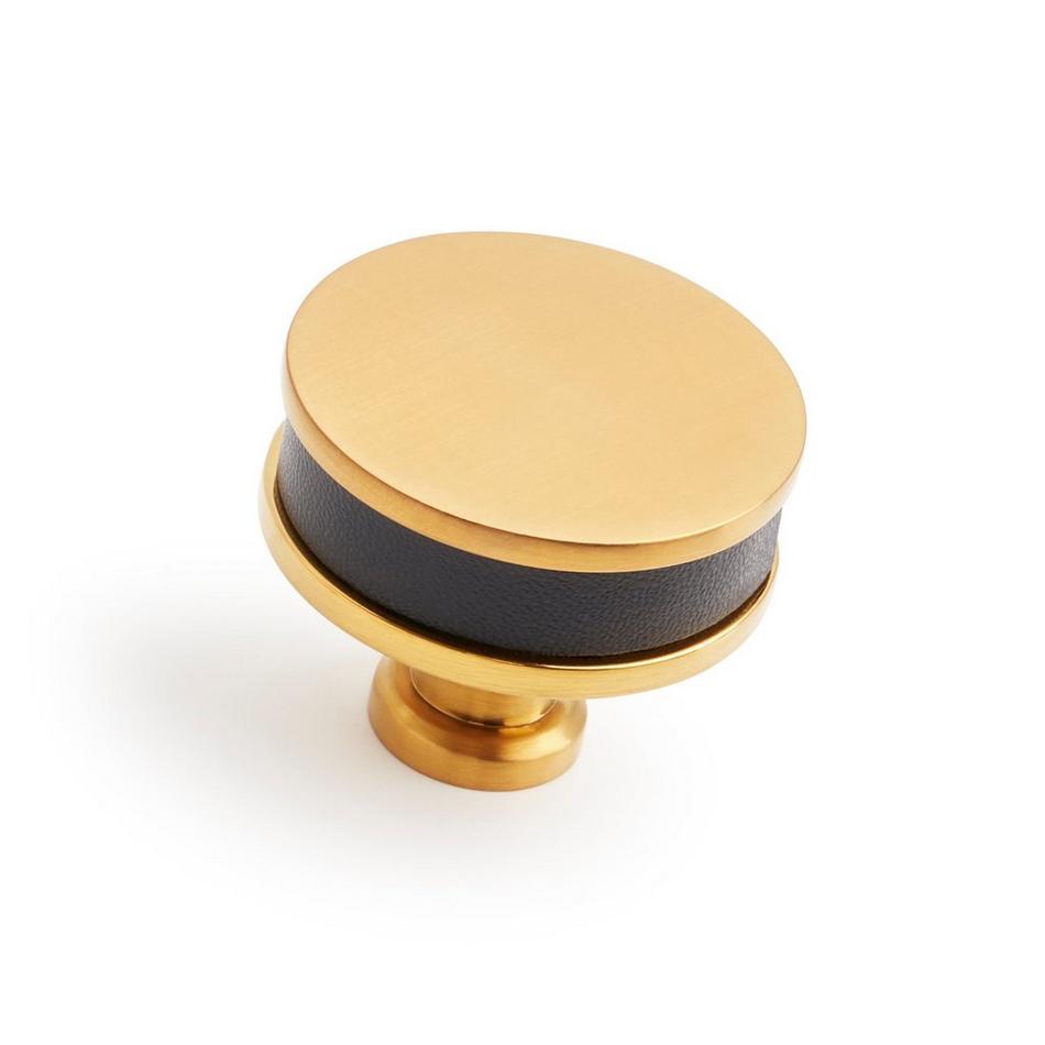 1-1/2" Lazzara Round Cabinet Knob Black Leather - Brushed Gold, , large image number 0