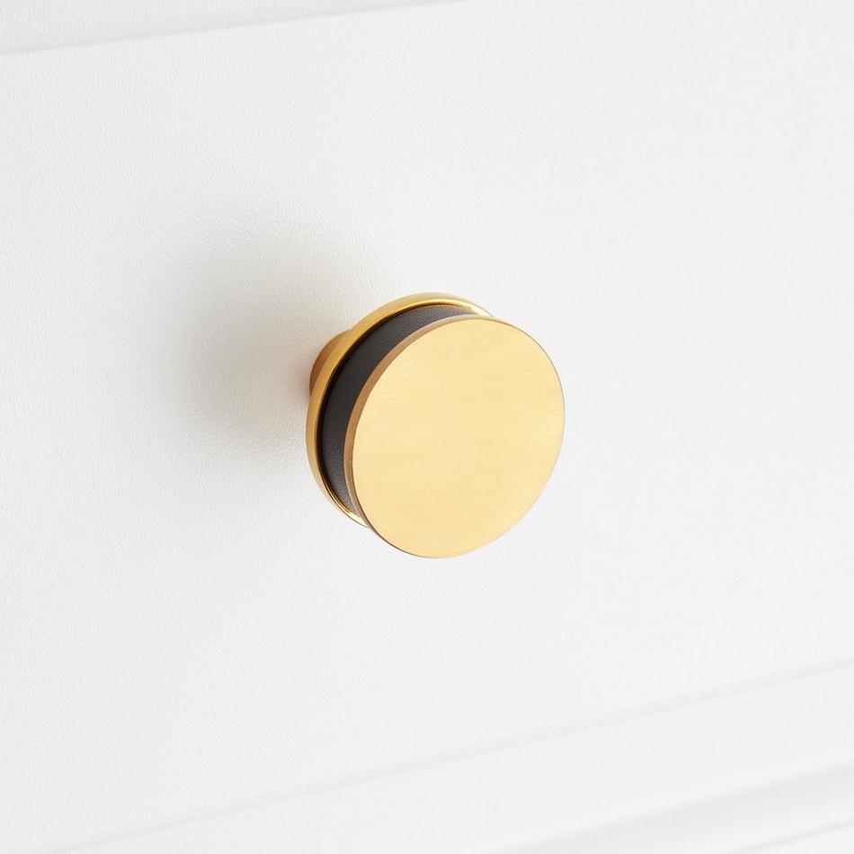 1-1/2" Lazzara Round Cabinet Knob Black Leather - Brushed Gold, , large image number 3