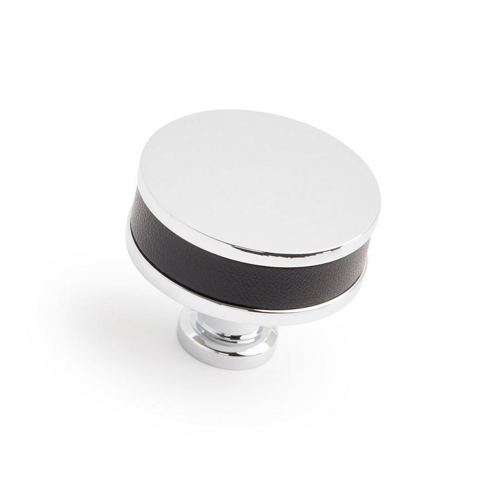 1-1/2" Lazzara Round Cabinet Knob Black Leather - Polished Chrome, , large image number 0