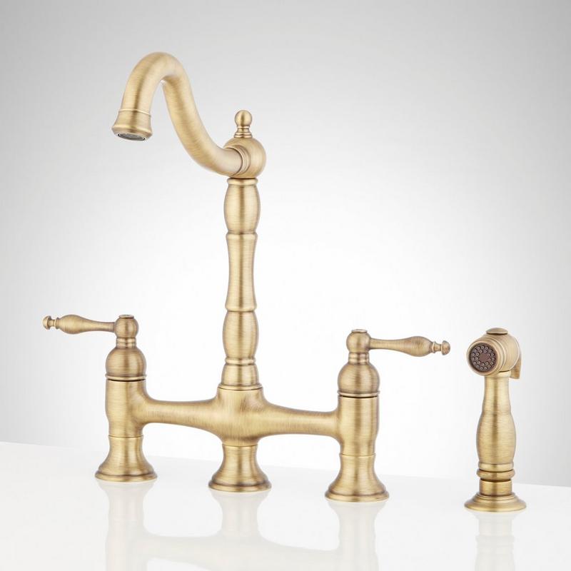 Delacour Bridge Kitchen Faucet with Side Spray - Aged Brass