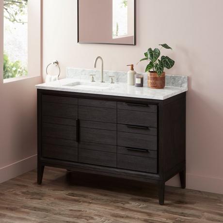 48" Aliso Teak Vanity Left Offset Rect Undermount Sink - Charred Timber Black - Carrara - Widespread