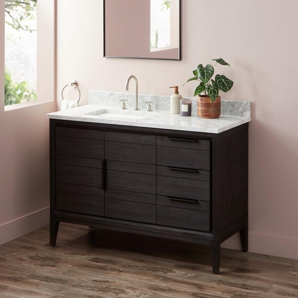 48" Aliso Teak Vanity Left Offset Rect Undermount Sink - Charred Timber Black - Carrara - Widespread, , large image number 0