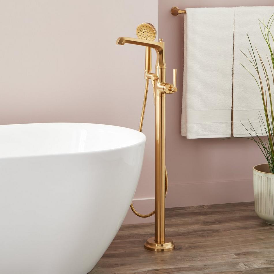 Elita Freestanding Tub Faucet with Hand Shower and Rough-In Valve with Stops - Lever-Brushed Gold, , large image number 0