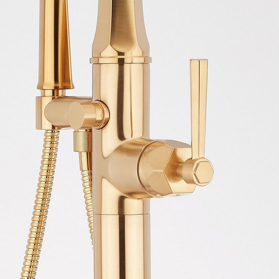 Elita Freestanding Tub Faucet with Hand Shower and Rough-In Valve with Stops - Lever-Brushed Gold, , large image number 3