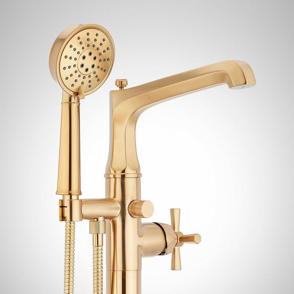 Elita Freestanding Tub Faucet with Hand Shower and Rough-In Valve Less Stops - Cross-Brushed Gold, , large image number 2