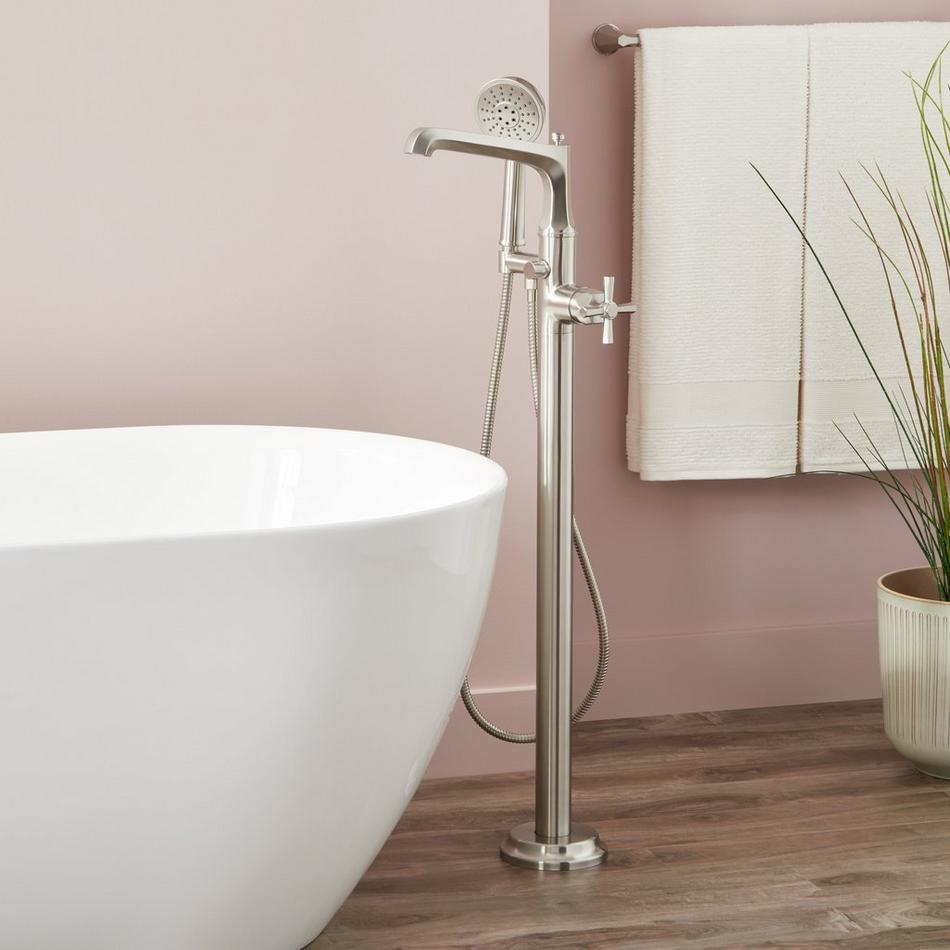 Elita Freestanding Tub Faucet with Hand Shower and Rough-In Valve with Stops - Cross-Brushed Nickel, , large image number 0