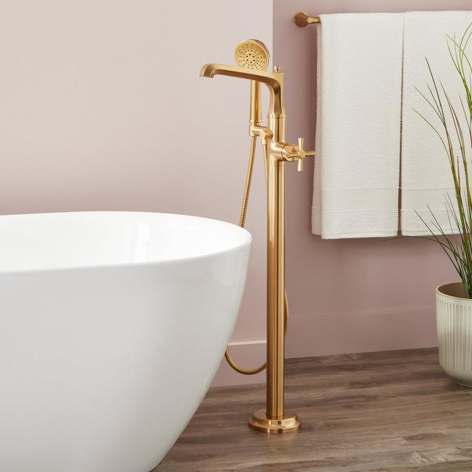 Elita Freestanding Tub Faucet with Hand Shower and Rough-In Valve with Stops - Cross-Brushed Gold, , large image number 0