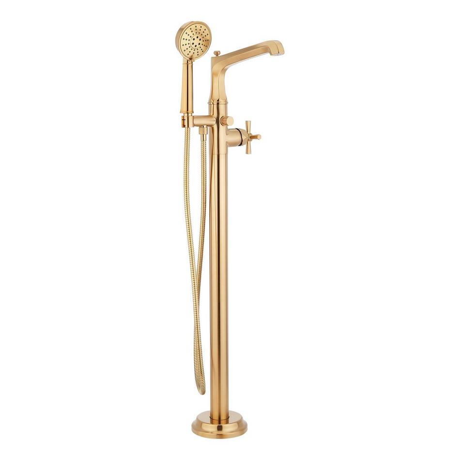 Elita Freestanding Tub Faucet with Hand Shower and Rough-In Valve with Stops - Cross-Brushed Gold, , large image number 1