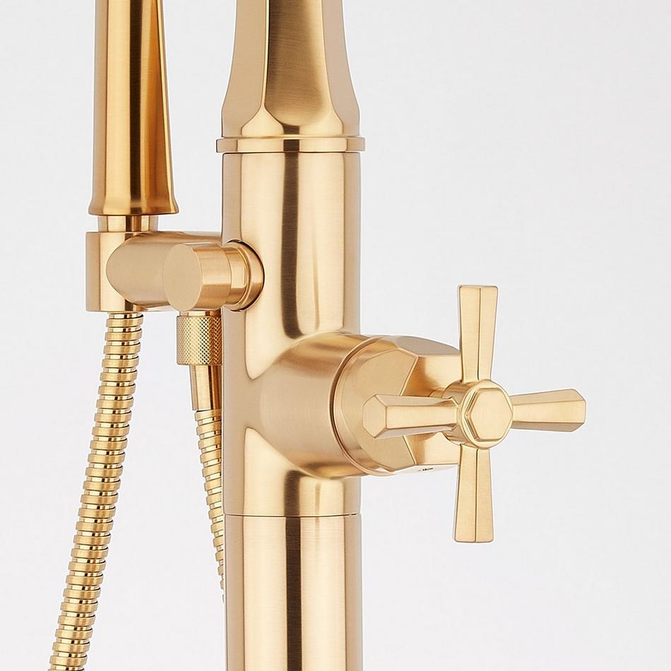 Elita Freestanding Tub Faucet with Hand Shower and Rough-In Valve with Stops - Cross-Brushed Gold, , large image number 3