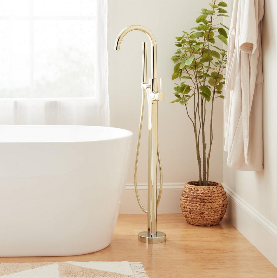 Lexia Freestanding Tub Faucet with Hand Shower and Rough-In Valve with Stops - Polished Brass, , large image number 0