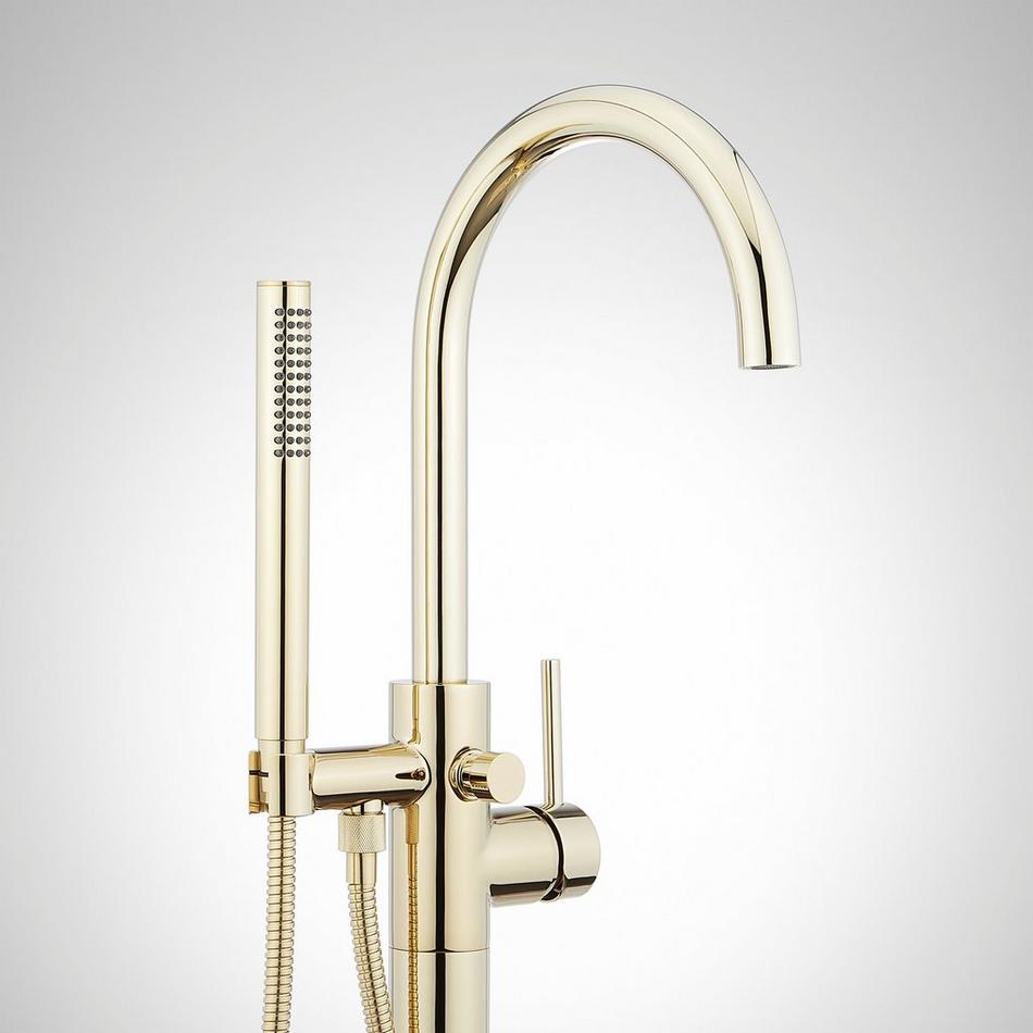 Lexia Freestanding Tub Faucet with Hand Shower and Rough-In Valve with Stops - Polished Brass, , large image number 1
