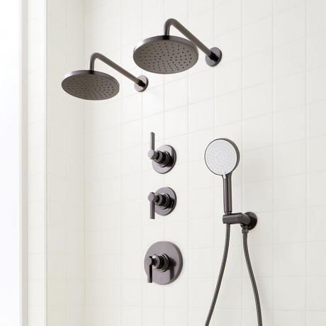 Greyfield Thermostatic Shower System with Dual Showerheads and Hand Shower