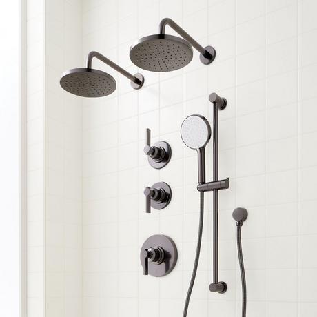 Greyfield Thermostatic Shower System with Dual Showerheads, Slide Bar & Hand Shower