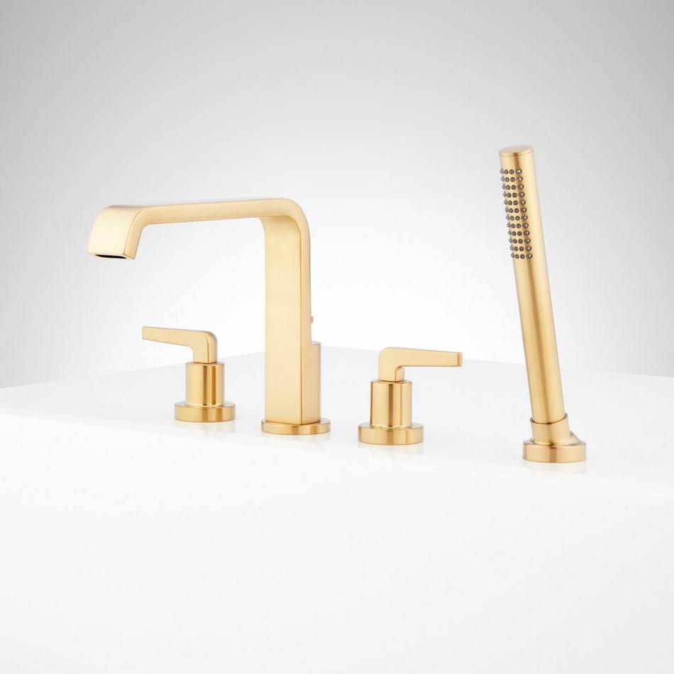 Drea 4-Hole Roman Tub Faucet and Hand Shower with Rough-In Valve - Brushed Gold, , large image number 1