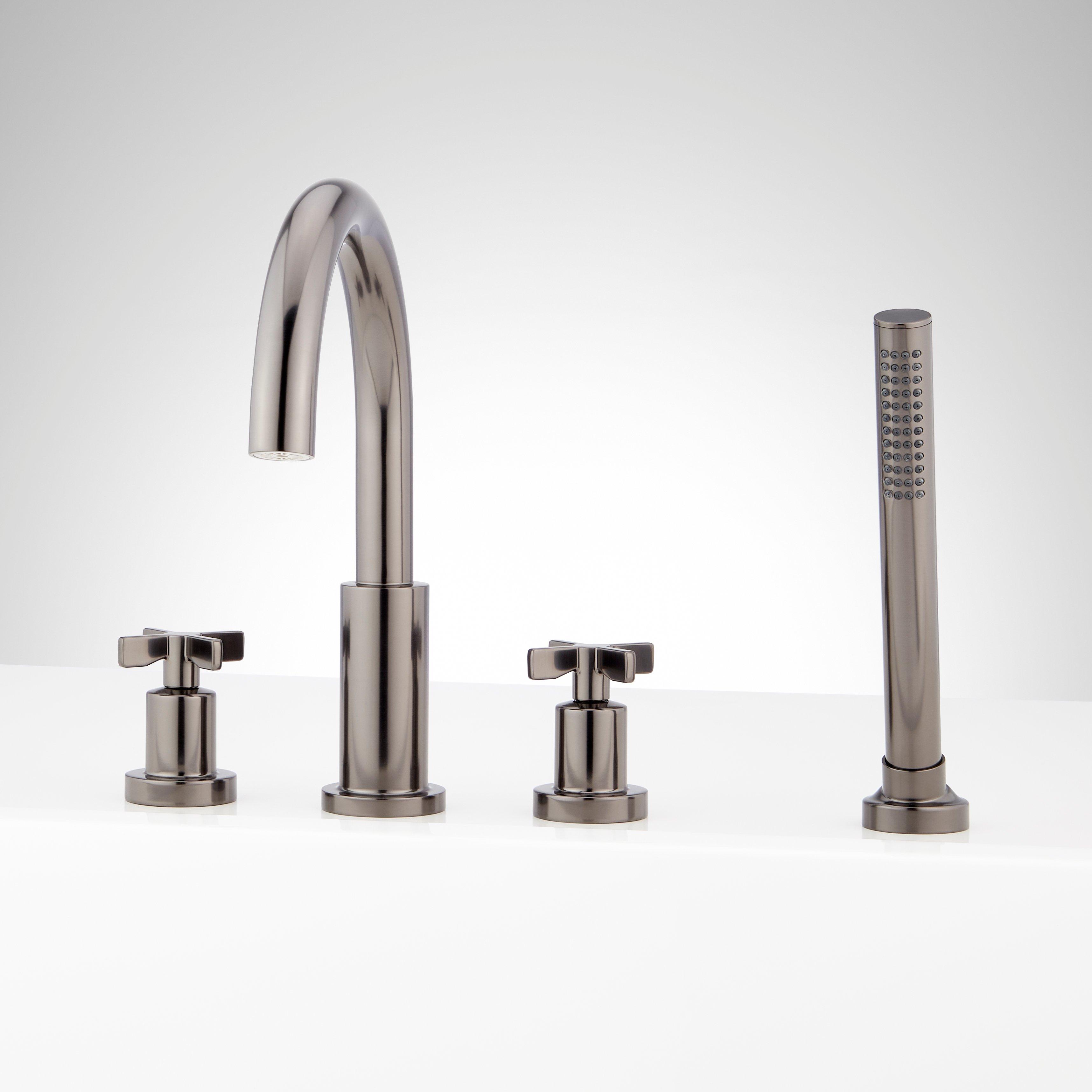 Römischer Badewannen-Füllanschluss Von Signature Hardware – 4-Loch Einbauventil Mit Praktischer Handbrause Für Decke Bis 38,1 Cm