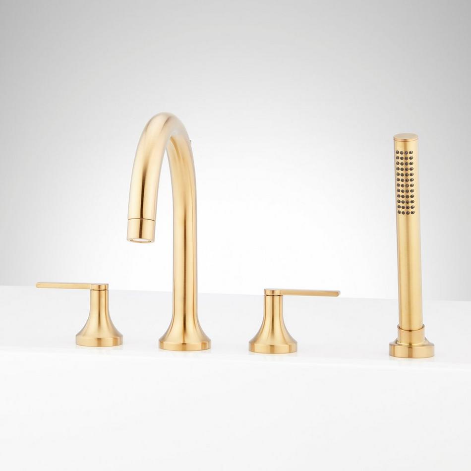 Lentz 4-Hole Roman Tub Faucet and Hand Shower with Rough-In Valve - Lever Handles - Brushed Gold, , large image number 0