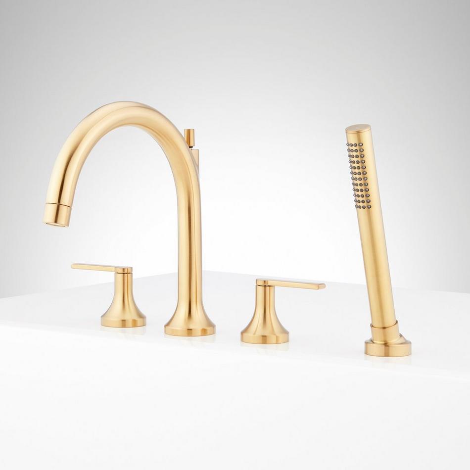Lentz 4-Hole Roman Tub Faucet and Hand Shower with Rough-In Valve - Lever Handles - Brushed Gold, , large image number 1