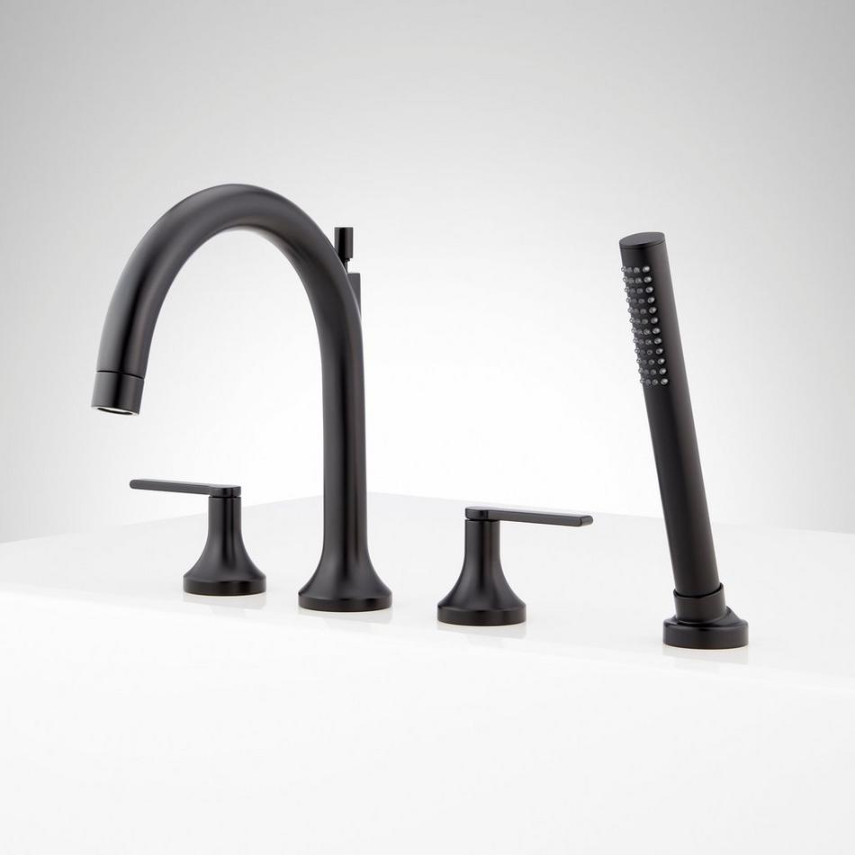 Lentz 4-Hole Roman Tub Faucet and Hand Shower with Rough-In Valve - Lever Handles - Matte Black, , large image number 1