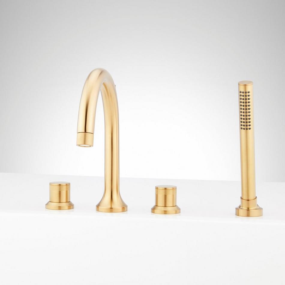 Lentz 4-Hole Roman Tub Faucet and Hand Shower with Rough-In Valve - Knob Handles - Brushed Gold, , large image number 0