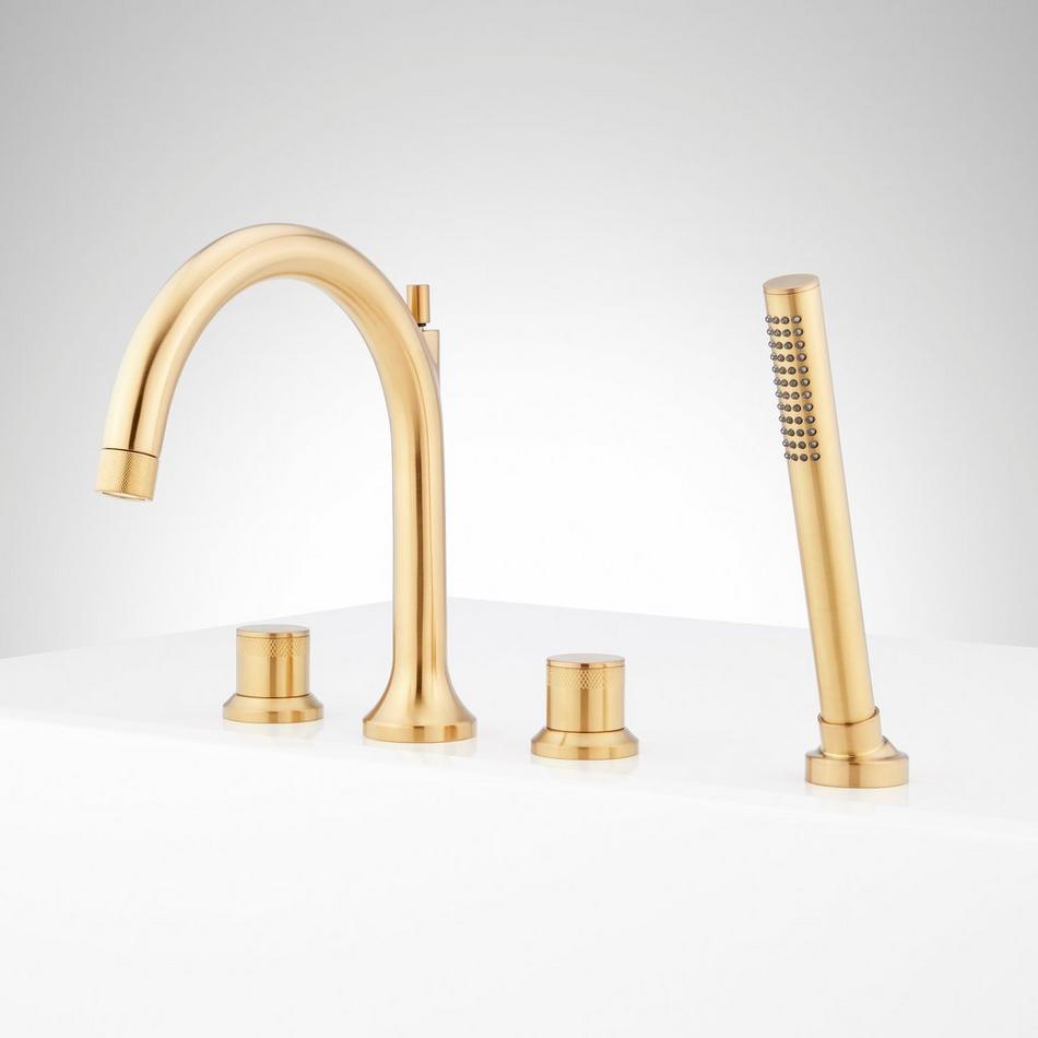 Lentz 4-Hole Roman Tub Faucet and Hand Shower with Rough-In Valve - Knob Handles - Brushed Gold, , large image number 1