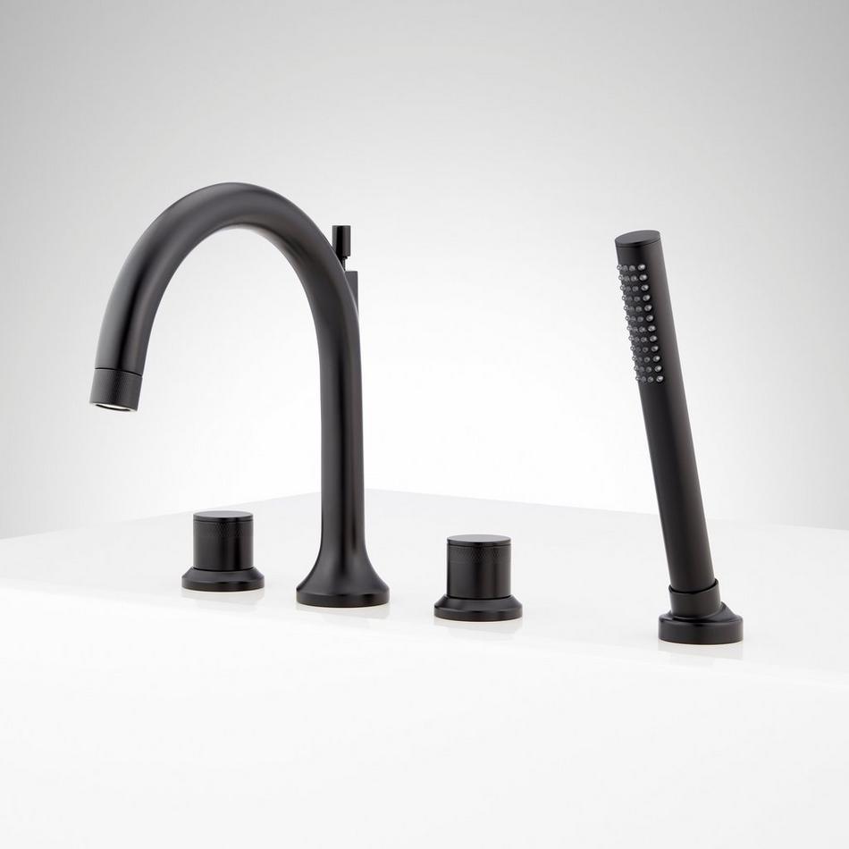 Lentz 4-Hole Roman Tub Faucet and Hand Shower with Rough-In Valve - Knob Handles - Matte Black, , large image number 1