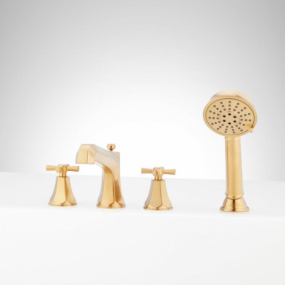 Elita 4-Hole Roman Tub Faucet and Hand Shower with Rough-In Valve - Cross Handles - Brushed Gold, , large image number 0