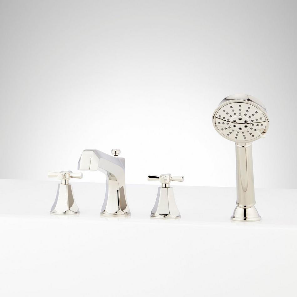Elita 4-Hole Roman Tub Faucet and Hand Shower with Rough-In Valve - Cross Handles - Polished Nickel, , large image number 0