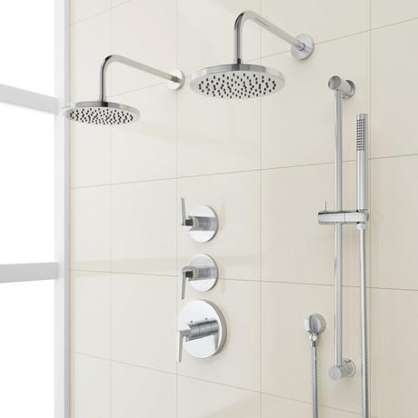 Drea Thermostatic Shower System With Dual Showerheads, Slide Bar and Hand Shower