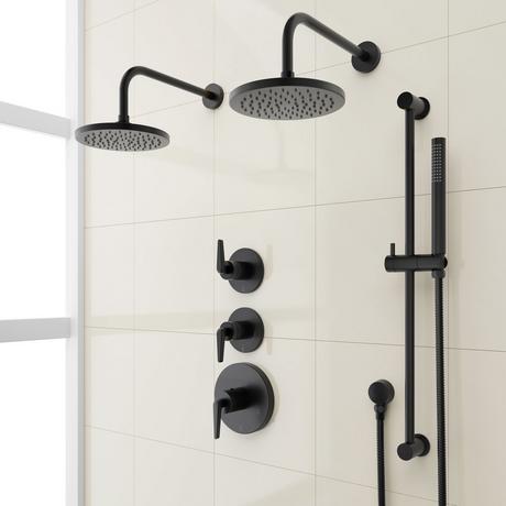 Drea Thermostatic Shower System With Dual Showerheads, Slide Bar and Hand Shower