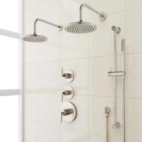 Drea Thermostatic Shower System With Dual Showerheads, Slide Bar and Hand Shower