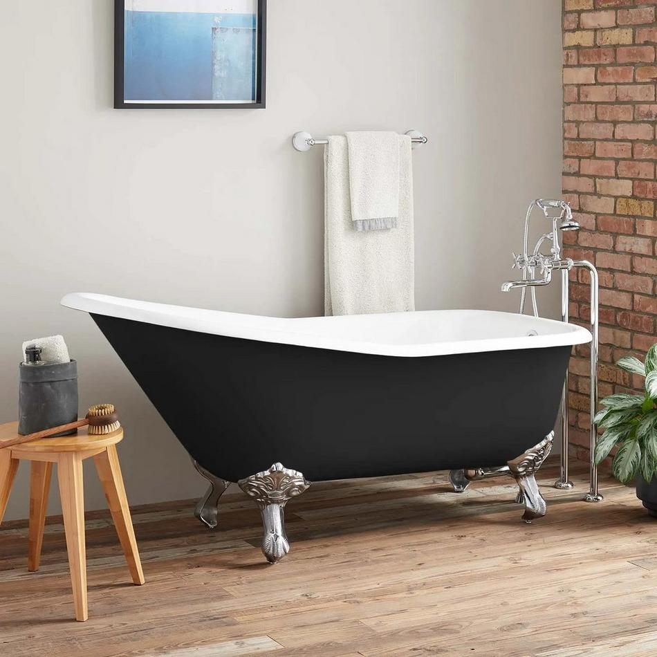 66" Goodwin Cast Iron Clawfoot Tub - Polished Brass Feet -No Holes-Rolled Rim - Black - No Drain, , large image number 1