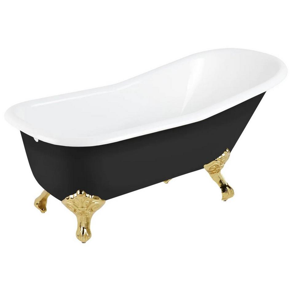 66" Goodwin Cast Iron Clawfoot Tub - Polished Brass Feet -No Holes-Rolled Rim - Black - No Drain, , large image number 4