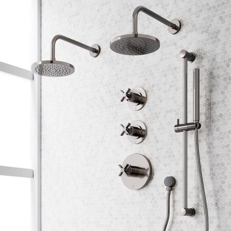 Vassor Thermostatic Shower System With Dual Showerheads, Slide Bar and Hand Shower