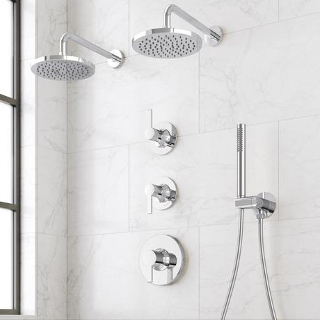 Lentz Thermostatic Shower System With Dual Showerheads and Hand Shower - Lever Handles