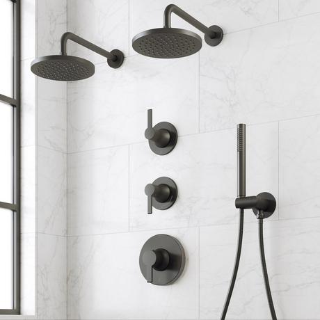 Lentz Thermostatic Shower System With Dual Showerheads and Hand Shower - Lever Handles