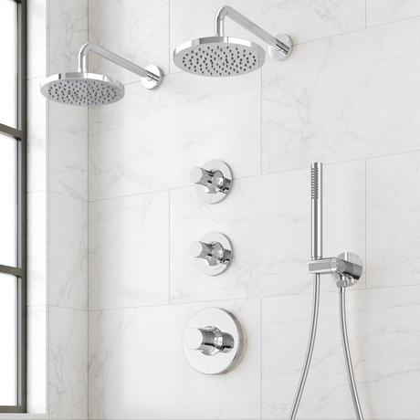 Lentz Thermostatic Shower System With Dual Showerheads and Hand Shower - Knob Handles