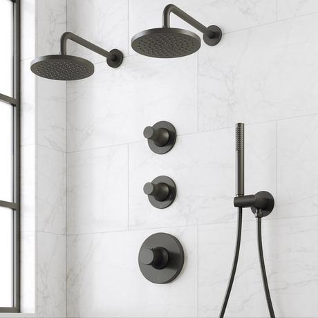 Lentz Thermostatic Shower System With Dual Showerheads and Hand Shower - Knob Handles