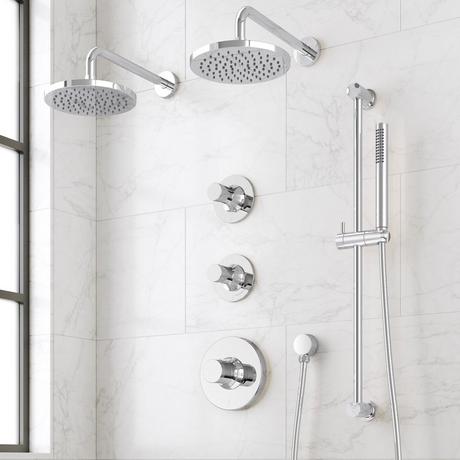 Lentz Thermostatic Shower System - Dual Showerheads, Slide Bar and Hand Shower - Knob Handles