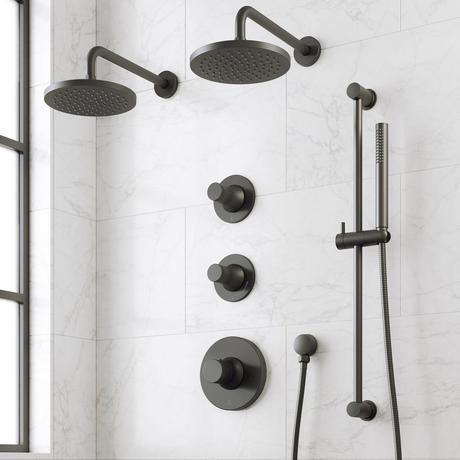 Lentz Thermostatic Shower System - Dual Showerheads, Slide Bar and Hand Shower - Knob Handles