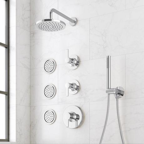 Lentz Thermostatic Shower System With 3 Body Sprays and Hand Shower - Knob Handles