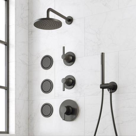 Lentz Thermostatic Shower System With 3 Body Sprays and Hand Shower - Knob Handles