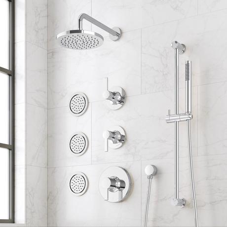 Lentz Thermostatic Shower System - 3 Body Sprays, Slide Bar and Hand Shower - Lever Handles