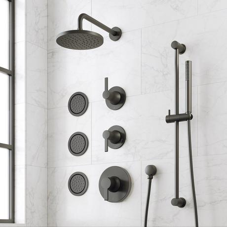 Lentz Thermostatic Shower System - 3 Body Sprays, Slide Bar and Hand Shower - Lever Handles