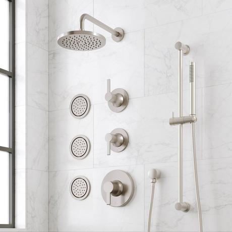 Lentz Thermostatic Shower System - 3 Body Sprays, Slide Bar and Hand Shower - Lever Handles