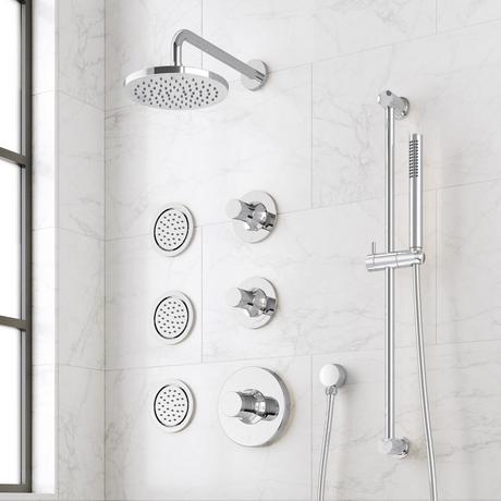 Lentz Thermostatic Shower System - 3 Body Sprays, Slide Bar and Hand Shower - Knob Handles