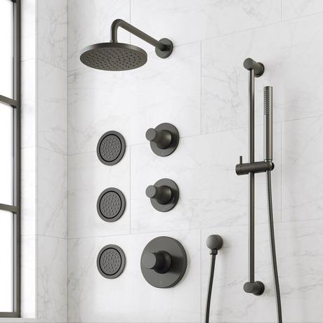 Lentz Thermostatic Shower System - 3 Body Sprays, Slide Bar and Hand Shower - Knob Handles