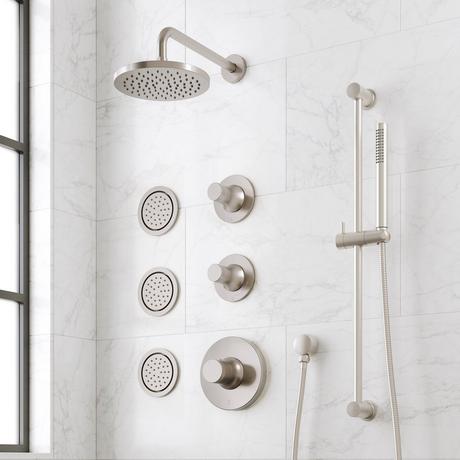 Lentz Thermostatic Shower System - 3 Body Sprays, Slide Bar and Hand Shower - Knob Handles